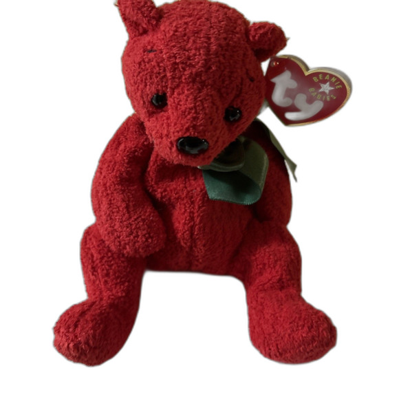 Retired TY Beanie Baby/Babies MISTLETOE Red Plush Bear Green Bow 12/18/2000 MWMT - Picture 1 of 6